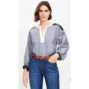 Ann Taylor LOFT Colorblock Striped Cotton Poplin Slit Neck Blouse Medium NEW